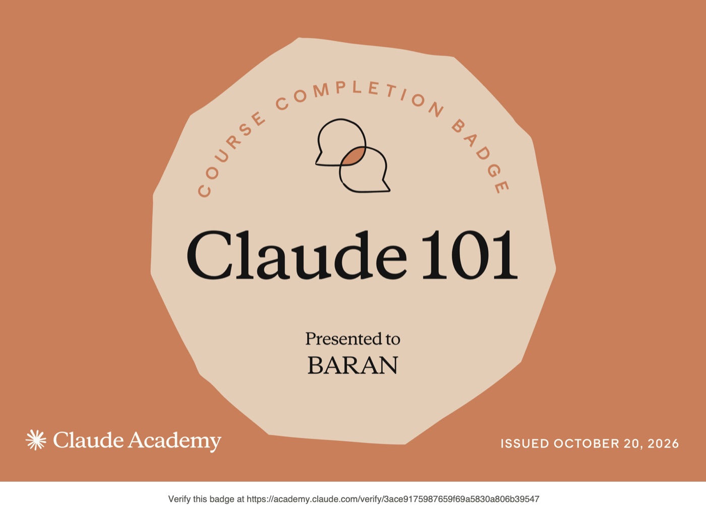 Claude 101 certificate, Baran Uygun