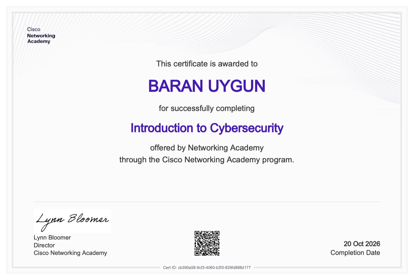 Introduction to Cybersecurity certificate, Baran Uygun