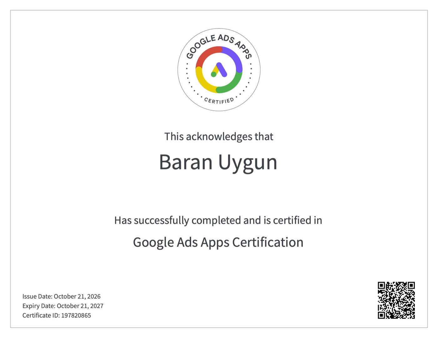 Google Ads Apps Certification certificate, Baran Uygun