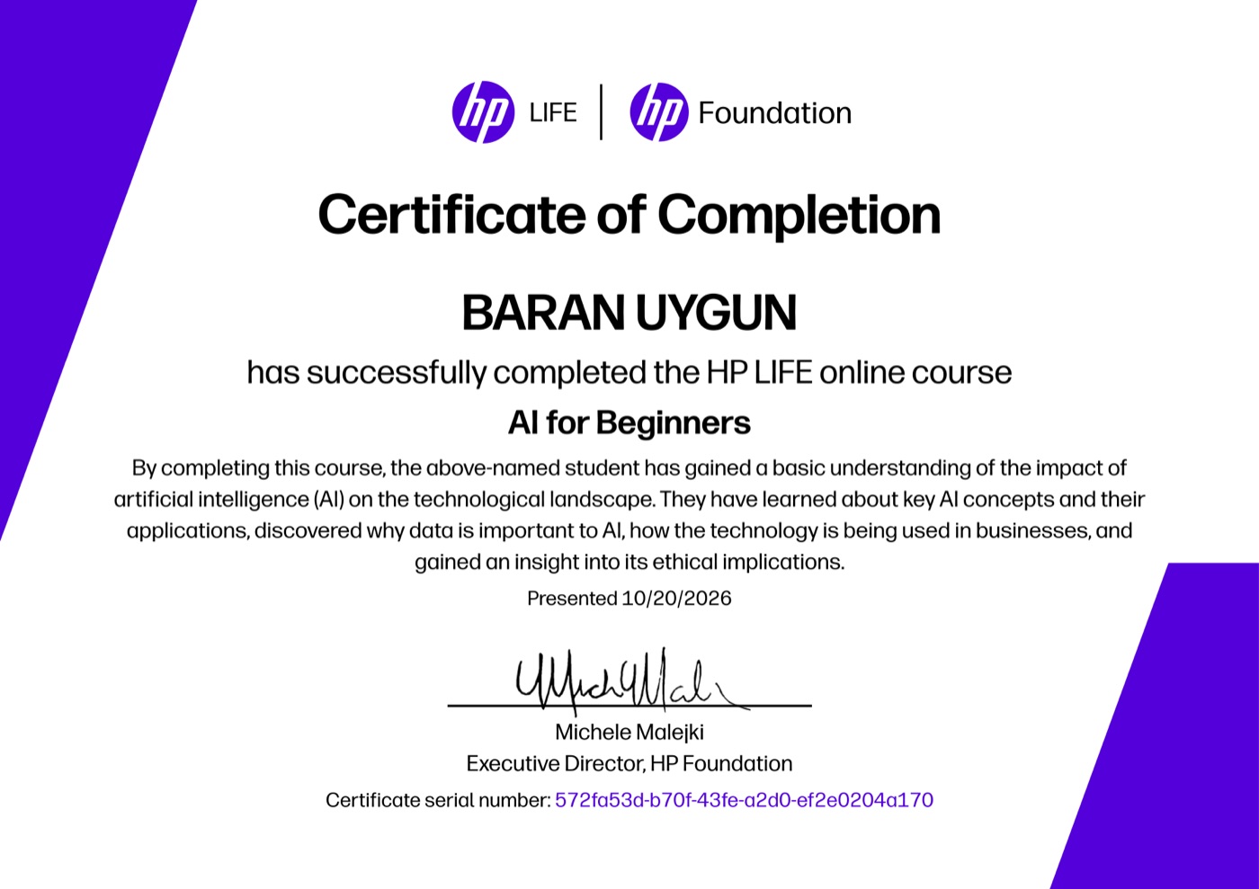 AI for Beginners certificate, Baran Uygun