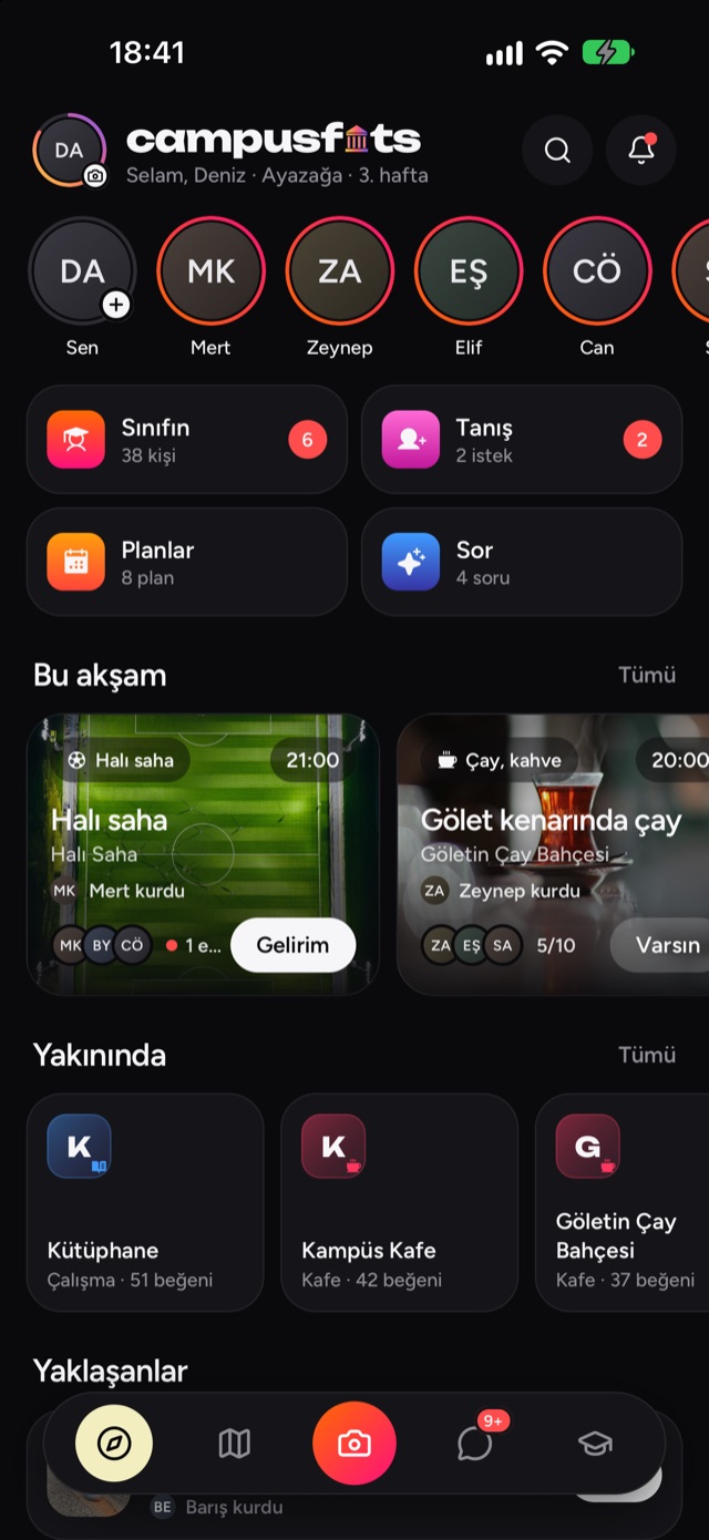 CampusFits home screen: your class, plans, Meet and places nearby