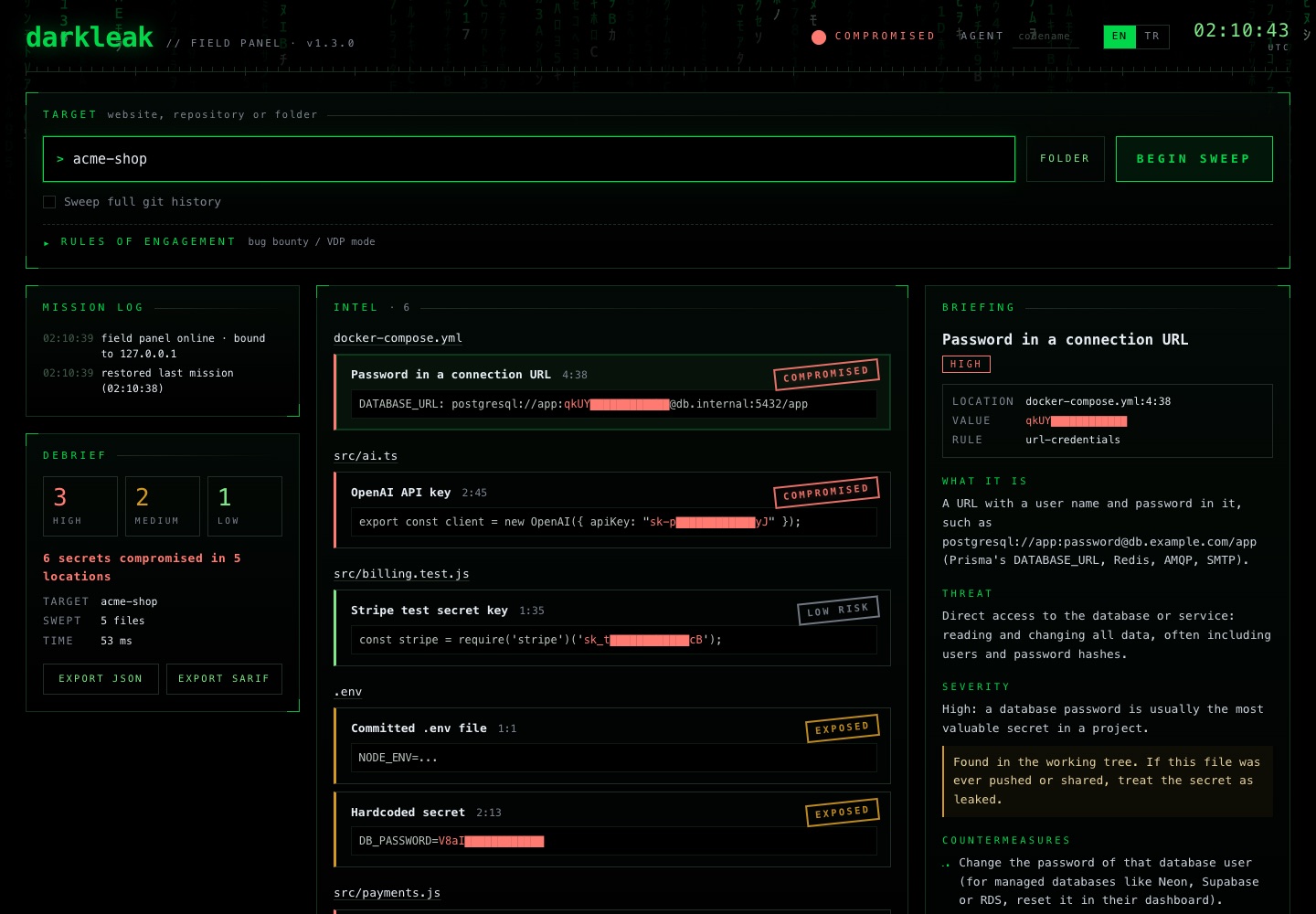 darkleak field panel: target input, mission log, intel cards with redacted secrets and a briefing panel